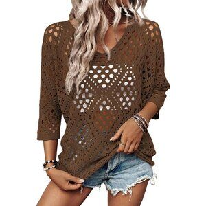 👑 Women's Coffee 3/4 Sleeve V Neck Hollow Out Beach Crochet Pullover Sweater